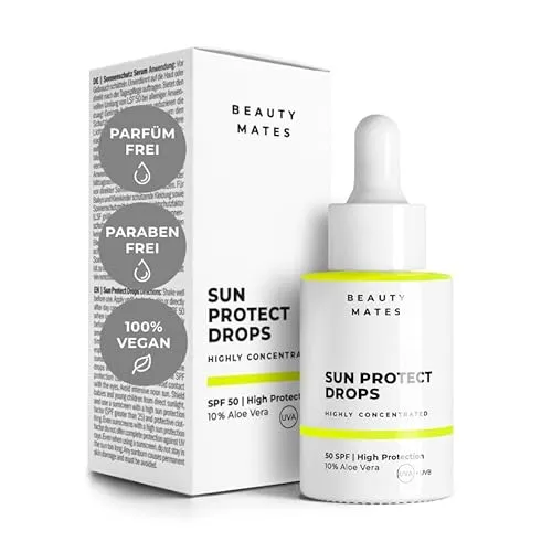 Sun Protect Drops (30ml) – Leichtes Sonnenschutz-Serum mit LSF 50 – leichte Textur & nicht fettend – Wasserfest – vermeidet Pickel - mit Panthenol, Hyaluronsäure, Vitamin E – vegan - by Beauty Mates
