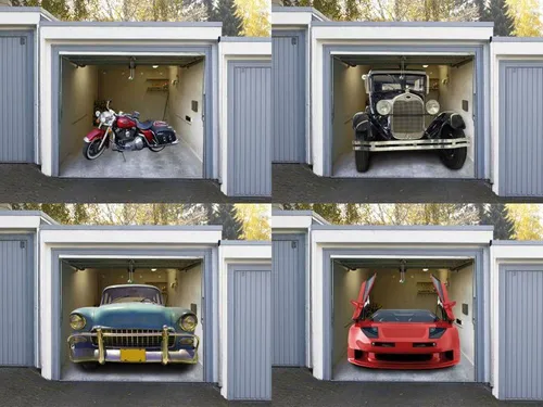 Caramel MEDIA Garagentor Deko Bild schwarz - Außenanbau, stilvolles Deko-Bild im Oldtimer-Design für eine besondere Atmosphäre in Ihrer Garage.