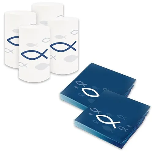 itenga Tischdeko Set - Servietten Motiv Fisch 30 x 30cm 3-lagig 40 Stück und 6 Windlichter für Kommunion Konfirmation Hochzeit Taufe und andere Feiern (blau weiss)