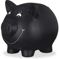 Relaxdays Sparschwein Keramik Schwarz Beschriftbar Abschließbar 14 cm x 17 cm x 13 cm 0,5 kg