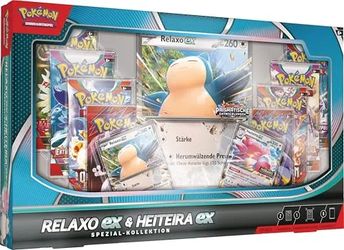 Pokémon-Sammelkartenspiel: Spezial-Kollektion Relaxo-ex & Heiteira-ex - Erlebe das mächtige Pokémon-ex-Duo mit holografischen Promokarten und einer überdimensionalen Karte. Enthält 8 Boosterpacks für spannende Duelle und neue Kartenentdeckungen!