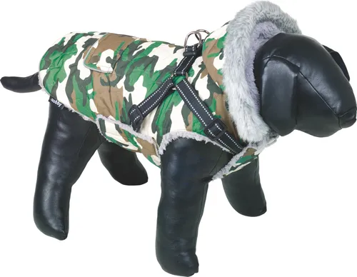 Nobby Hundemantel Polar 2in1 Camouflage Grün, 44 cm Rückenlänge - Hochwertiger Hundemantel in grünem Camouflage, wasser- und windabweisend. Integriertes Geschirr für optimalen Sitz und abnehmbare Kapuze für zusätzlichen Komfort. Ideal für kalte Wintertage!