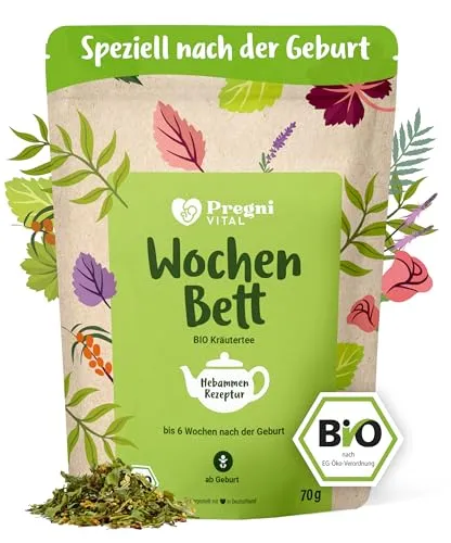 PregniVital® Wochenbett Tee - 100% BIO Rückbildungstee - Tees für das Wochenbett, unterstützt die Regeneration nach der Geburt mit bewährten Kräutern wie Frauenmantel und Schafgarbe, ideal für frischgebackene Mamas.