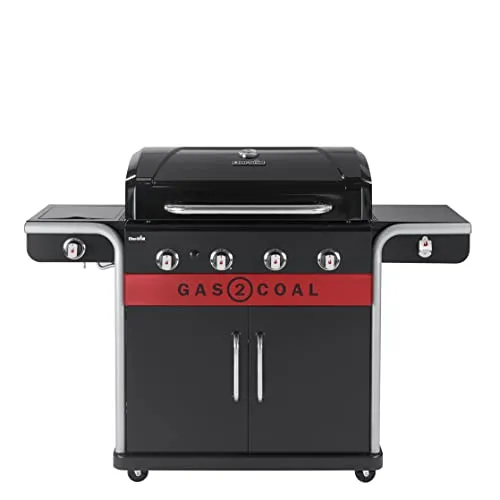Char-Broil Gasgrill Gas2Coal 2.0 440 - 4 Brenner Hybridgrill - Propangas-Grill mit patentierten Holzkohleschalen für gleichmäßige Hitze, ideal für Garten und Terrasse. Inklusive integriertem Flaschenöffner und großer Zugangsklappe.