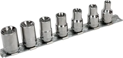 Bahco 3/8 Steckschlüssel-Satz für TX-Schrauben - 7-tlg. auf Klemmleiste - Hochwertiger 7-teiliger Steckschlüssel-Satz mit Außen-TX Einsätzen für präzises Arbeiten. Ideal für handwerkliche Projekte, aus robuster Stahllegierung und mit gerändeltem Schaft für besseren Halt.