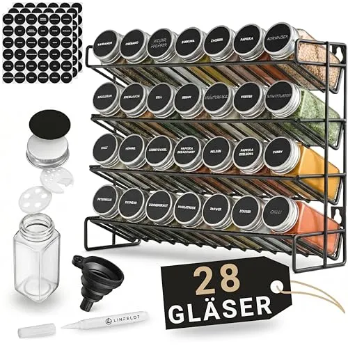 LINFELDT® Gewürzregal 28 Gläser - mit 144 Stickern, Stift und Schrauben - Gewürzregal mit 28 Gläsern (120ml) für optimale Ordnung in Ihrer Küche. Inklusive vorgedruckter Sticker und Trichter für müheloses Befüllen – flexibel stehend oder hängend.