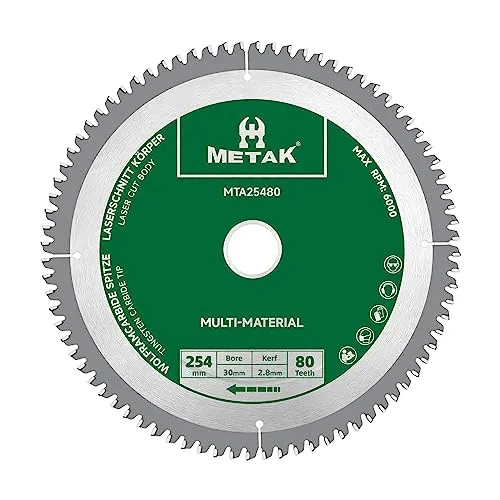 METAK HM Kreissägeblatt 254x30mm 80 Zähne für Aluminium Multi-Material Sägeblatt 254x30 Ideal für Holz, Laminat, MDF, Kunststoff, und Kupfer - Kompatibel mit Metabo, Bosch & vielen weiteren Marken