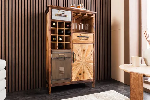 Riess-Ambiente Barschrank ATELIER 120cm - Pinienholz & Metall - Eleganter Barschrank aus massivem Pinienholz mit Vintage-Metallelementen. Ideal für Küche oder Esszimmer, bietet Platz für bis zu 12 Flaschen und sorgt für stilvolle Akzente in Deinem Zuhause.