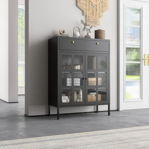 Mein-Regal Kommode Glasgow Schwarz - Industrielle Kommode aus Metall mit Glastüren und Schubladen, bietet stilvolle Aufbewahrung für Bücher und Deko in modernem Design.