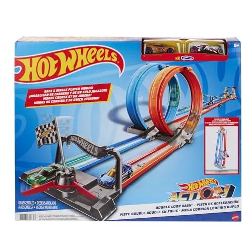 HOT WHEELS Zweispurige Looping Rennstrecke mit 2 Fahrzeugen - Motorfahrzeugspielset für Kinder, 3,6 Meter lange Rennstrecke mit klassischem Doppel-Looping für spannende Wettkämpfe und endlose Verbindungsmöglichkeiten mit anderen Sets.