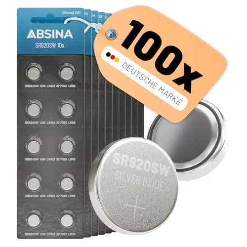 ABSINA SR920SW Uhrenbatterie 1,55V Silberoxid - Langlebige Knopfzelle für vielseitige Anwendungen - Batterien - Die ABSINA SR920SW bietet hohe Langlebigkeit und zuverlässige Leistung, ideal für Uhren, medizinische Geräte und mehr, temperaturfest von -20°C bis +60°C.