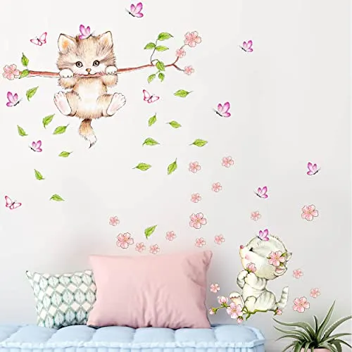 WANDKIND Katze auf dem Ast Wandtattoo V333 | handgezeichnet | AUFKLEBER Kindergarten | Wandsticker Kinderzimmer Deko Katzen Katzenbabys Katzenwelpen für das Babyzimmer (100 x 100 cm)