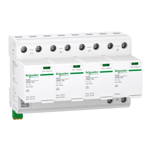 Schneider Electric Kombiableiter Acti9 iPRD1 A9L1H625 - Steckdosen- & Schalterteile: Hochleistungs-Kombiableiter mit 25 kA Blitzstoßstrom und 100 kA Folgestromlöschfähigkeit - ideal für den sicheren Schutz Ihrer elektrischen Anlagen.