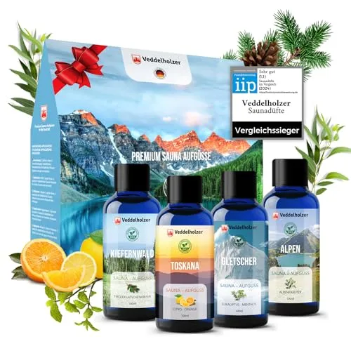Veddelholzer BIO Saunaaufguss Set - Sauna-Geschenkset mit 4 verschiedenen naturreinen ätherischen Ölen, ideal für Entspannung und Wohlfühlmomente. Perfekt als Geschenk für Sauna-Liebhaber!