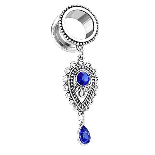 Piercingfaktor Flesh Tunnel Ohr Piercing Plug Edelstahl mit Tropfen Stein Tribal Vintage Charm Anhänger Schraub Silber Saphir Blau 6mm