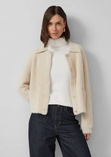 s.Oliver BLACK LABEL Boxy Fit Strickjacke in Ecru, Größe 38 - Stylische Damen Strickjacke im Boxy-Fit mit Two-Tone-Optik. Der Woll-Mix sorgt für angenehmen Tragekomfort, während die überschnittenen Schultern und der Rundhalsausschnitt einen lässigen Look kreieren.