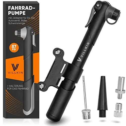 Villkin Fahrradpumpe 87 PSI für alle Ventile - Luftpumpen für alle Fahrradtypen – Kompatibel mit Presta, Schrader und Dunlop-Ventilen, leicht und kompakt für unterwegs, ideal für schnelle Reifenfüllung.