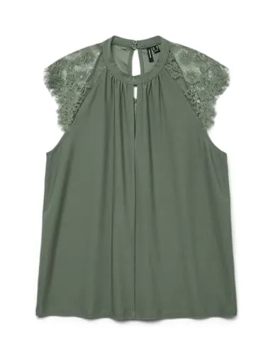 Vero Moda Spitzentop VMMILLA SL LACE TEE, Laurel Wreath - Elegantes Spitzentop aus Jersey mit Stretchanteil für optimalen Tragekomfort, ideal für besondere Anlässe oder den Alltag.