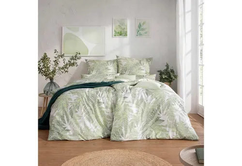 Estella Mako-Satin Bettwäsche 155x220 Belara grün Farn Blätter weiß - Hochwertige Mako-Satin Bettwäsche von Estella, 2-teilig mit extra Kissenbezug, atmungsaktiv und hautsympathisch für erholsamen Schlaf.