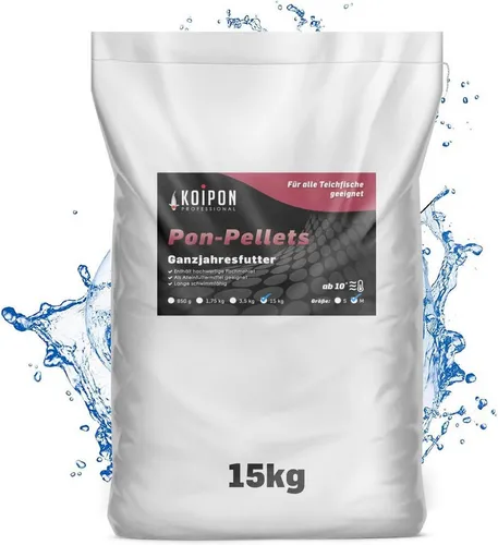 KOIPON Pon-Pellets 6mm 15 kg - Premium Teichfutter für Teichfische - Hochwertiges Teichfutter für alle Teichfische, hergestellt in Deutschland. Ideal als Ganzjahresfutter für Temperaturen ab 10 Grad, sorgt für gute Verwertbarkeit und weniger Ausscheidungen.