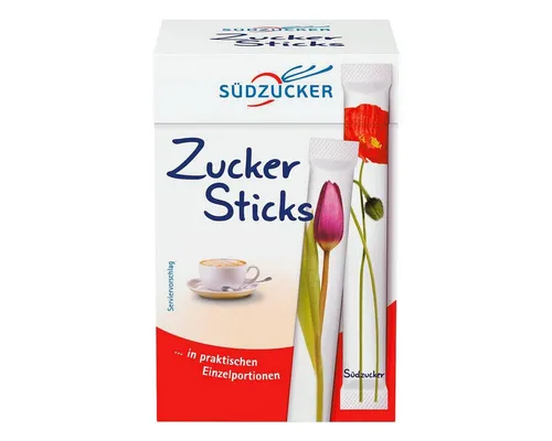 SUEDZUCKER Zucker Sticks 50 x 5 g - Zucker Portionszucker in praktischen Sticks, ideal für Kaffee und Tee. Jede Portion enthält 5 g Zucker und ist einzeln verpackt. Perfekt für Gastronomie oder den Heimgebrauch.