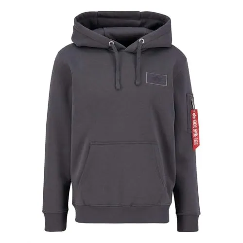 ALPHA INDUSTRIES Back Print Hoody für Herren - Vintage Grey - Kapuzenpullover für Herren im Regular Fit mit großem Logo Print auf der Rückseite und stylischem "Remove Before Flight" Tag - ideal für lässige Outfits.