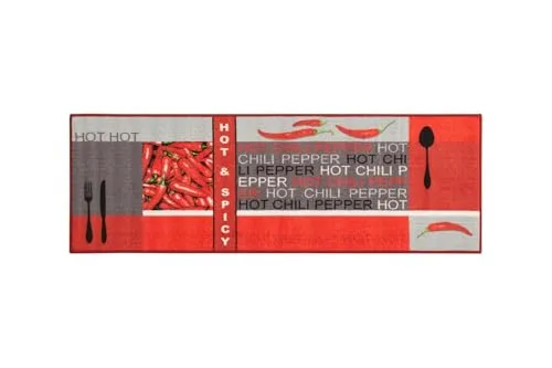 Teppichläufer Küchenläufer Chilidesign Chililäufer Küchenteppich – Wohnzimmer Eingangsbereich Flur Küche – Hot & Spicy - gekettelt strapazierfähig pflegeleicht – 67 x 120 cm rot