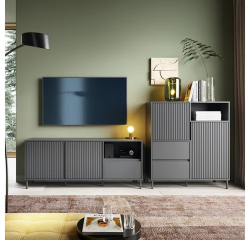 Lomadox Wohnwand AMELIA-129, 2-teiliges Set in Anthrazit - Moderne Wohnwand 300 cm in Anthrazit mit Lowboard & Highboard. Edles Design, Softclose-Türen und großzügiger Stauraum – ideal für stilvolles Wohnen!
