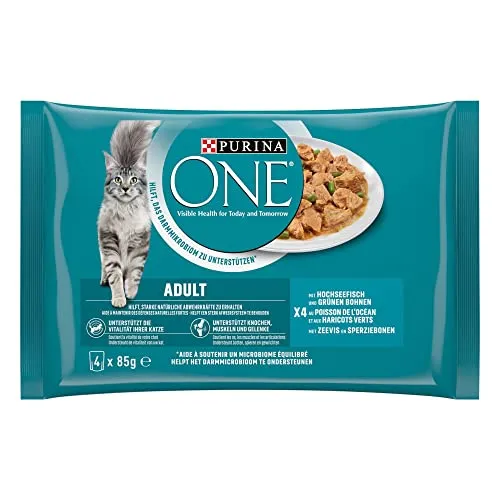 PURINA ONE Adult Katzenfutter nass mit Hochseefisch, 12er Pack - Nassfutter für ausgewachsene Katzen mit zarten Stückchen in Sauce, reich an wertvollen Vitaminen für eine ausgewogene Ernährung und zur Unterstützung der Verdauung. Ideal verpackt im praktischen 12er Pack.