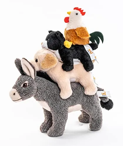 Uni Toys Bremer Stadtmusikanten Kuscheltier Set - Kuscheltiere der Bremer Stadtmusikanten, bestehend aus Hahn, Katze, Hund und Esel. Die Tiere sind über Klett verbunden, ideal zum Spielen und Knuddeln. Perfekt für kleine Geschichten und Abenteuer!