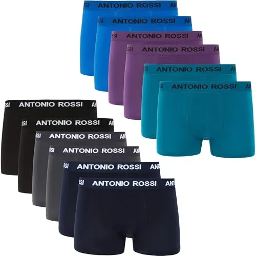 ANTONIO ROSSI 12er-Pack Herren-Boxer-Hipster – Bequeme Boxershorts für jeden Tag - Hochwertige Herren-Boxershorts aus Baumwollmischung für angenehmen Tragekomfort. 12 verschiedene Farben im Multipack, ideal für jeden Anlass und optimalen Sitz dank elastischem Bund.