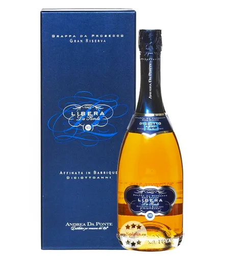 Andrea Da Ponte Libera Da Ponte Grappa - Premium-Grappa aus Prosecco-Trestern, 18 Jahre Eichenfassreifung für einen exquisiten Geschmack – ideal für besondere Anlässe.