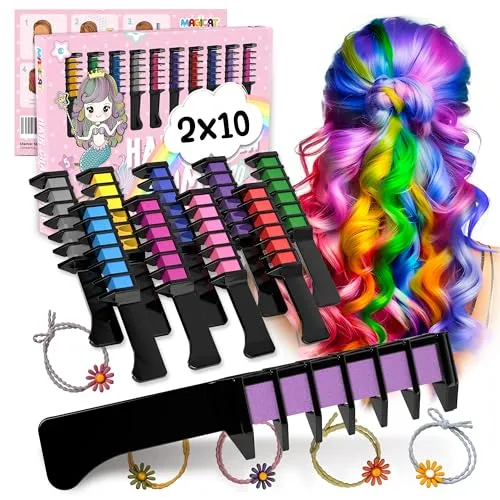 Magicat Haarkreide für Mädchen Set I 20 auswaschbare Farben & 10 Haargummis I Geschenk Mädchen 4 Jahre bis 10 Jahre I Kreatives Mitgebsel Kindergeburtstag 2026 I Sicher und Farbenfroh