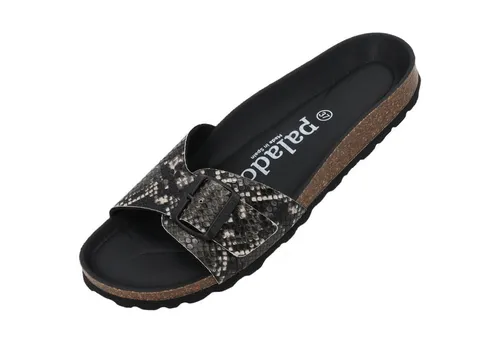 Palado Pantoletten Damen Malta Vipera – Bequeme Sandalen mit Kork-Fußbett - Modische Hausschuhe Schwarz UK5,5 - EU38 - Hochwertige Sandalen aus pflegeleichtem Material, gefertigt in Spanien. Das dämpfende Kork-Fußbett sorgt für hohen Tragekomfort, während die flexible EVA-Sohle jeden Schritt sanft abfedert. Ideal für sommerliche Outfits!