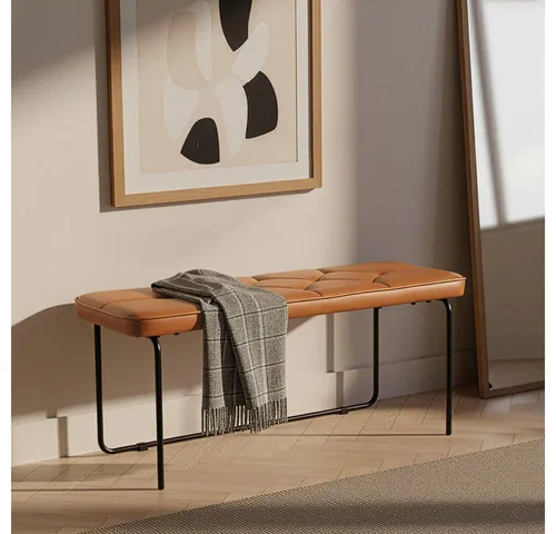 HOME DELUXE Bank GINO, Retrobank in edler Lederoptik - Die stilvolle Retrobank GINO in warmem Cognac-Ton vereint modernes Design mit hohem Sitzkomfort. Das robuste Metallgestell sorgt für Stabilität und macht sie ideal für Flur, Schlafzimmer oder Eingangsbereich.