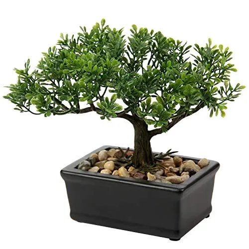 Briful Kunstbonsai Naturgetreue Künstliche Pflanze Kunstbaum Bonsai Zeder Kiefer Podocarpus Plastik Pflanze Kunstpflanze mit Keramik-Übertopf in Schwarz für Baddeko Desktop Büro Fensterbank