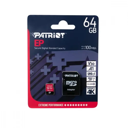 Patriot Memory PEF64GEP31MCX - 64 GB microSD Karte SDXC, A1 V30 für 4K Videoaufnahmen, hohe Lesegeschwindigkeit bis zu 100 MB/s