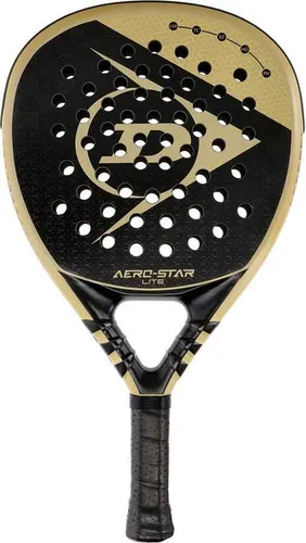 Dunlop Padelschläger Aerostar Lite 355g - Turnier Schwarz/Gold - Premium 16K Carbon Padelschläger für maximale Konstanz und überragende Leistung. Tri-Clamp-Verstärkung sorgt für Stabilität und Kontrolle, während das Power Holes-Bohrmuster zusätzliche Schlagkraft liefert.