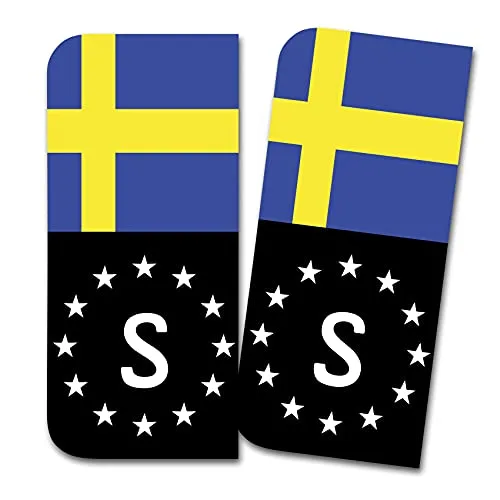 Kennzeichen Sticker passgenau für EU Feld 11x5cm Design Aufkleber für Nummernschild Folie KFZ Schwarz oder mit Fahne waschstraßenfest R167 (21 Schweden, Mit Flagge) 2 x