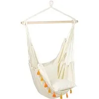 Beliani Hängesessel Beige Orange 55x96x125 - Boho Hängesessel mit Kissen, ideal für entspannte Sommertage. Hochwertige Materialien und dicke Polsterung bieten höchsten Komfort. Robuste Konstruktion für sichere Befestigung und orangefarbene Pompons setzen stilvolle Akzente.