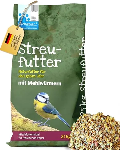 Futterbauer Streufutter mit Mehlwürmern 25 kg - Körnerfutter für Wildvögel, ganzjährig nutzbar und reich an proteinreichen Mehlwürmern für optimale Energieversorgung.