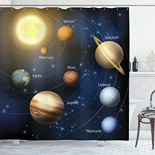 ABAKUHAUS Platz Duschvorhang, Sonnensystem-Planeten, Stoffliches Gewebe Badezimmerdekorationsset mit Haken, 175 x 240 cm, Nachtblau