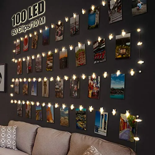 litogo LED Fotoclips Lichterkette für Zimmer Deko, 10M 100LED Lichterkette mit 60 Klammern für Fotos, Wand Batteriebetriebene, Bilder für Wohnzimmer, Weihnachten, Hochzeiten
