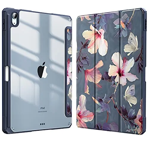 Fintie Hybrid Hülle für iPad Air 11 Zoll M4/M3/M2 (2026/2025/2024), iPad Air 5./4. Gen (2022/2020) 10,9 Zoll, mit Stifthalter, stoßfeste Schutzhülle mit transparenter Hartschale, Hibiskus