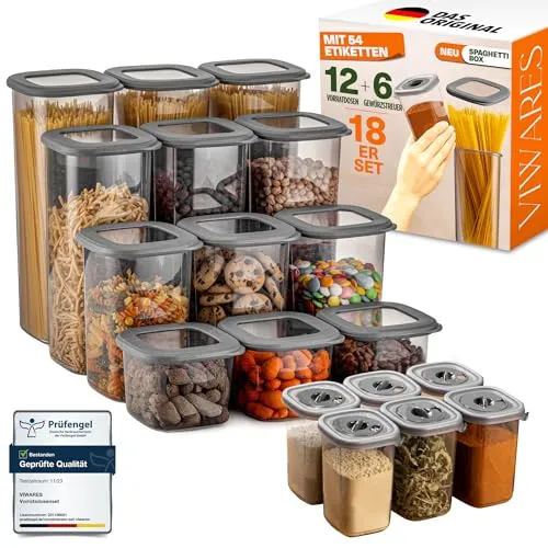 Viwares 18-teiliges Vorratsdosen Set – Spaghetti Box & Gewürzdosen - Schaffen Sie Ordnung in Ihrer Küche mit dem 18-teiligen Vorratsdosen Set. Luftdicht, stapelbar und BPA-frei – perfekt für frische Lebensmittel und eine cleane, moderne Küche. Inkl. 52 Etiketten für einfache Organisation.