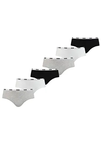 PUMA Women Hipster Damen Slip Unterwäsche 701218976 - Weiß/Grau/Schwarz, Größe L - Funktionsunterwäsche aus feiner Baumwollmischung für hohen Tragekomfort, ideal für Sport und Freizeit mit schmalem Logo-Gummibund.