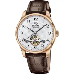 Jaguar J967/1 Automatik-Armbanduhr für Herren – Braun - Elegante Automatik-Armbanduhr von Jaguar mit braunem Lederarmband und Saphirglas. Das edle Gehäuse in Rosé Gold und das silberne Ziffernblatt verleihen einen stilvollen Look.