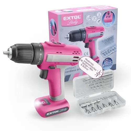 Extol Lady Akkubohrschrauber für Frauen I 12 Volt Akkuschrauber für Frauen I Bohrmaschine für Holz, Metall & Kunststoff I Akku-Bohrer mit 13er Set Bits & Bohrer I Werkzeug-Set Pink