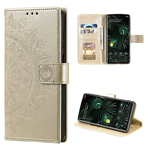 CoverKingz Handy Case kompatibel mit Google Pixel 6 Pro - Handy Cover mit Kartenfach Phonecase - Smartphone Hülle klappbar Motiv Mandala Gold