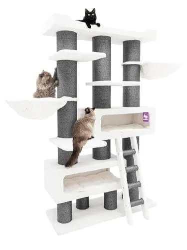 Petrebels Maine Coon Kratzbaum XXL, Siberian 200 cm hoch, Design Kratzbaum für große Katzen, Farbe Off-White